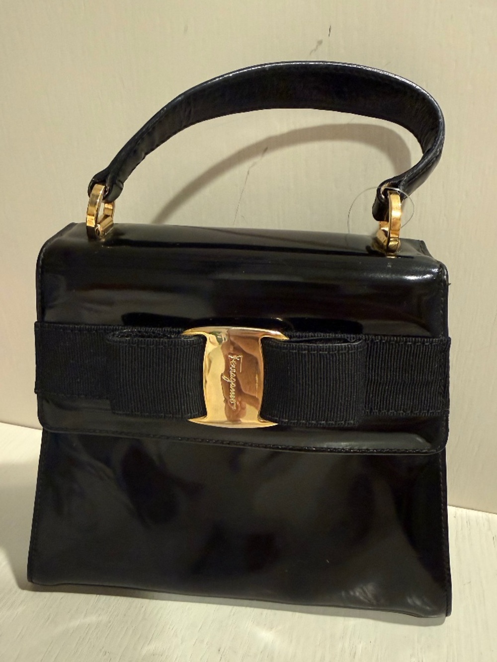 Vintage Salvatore Ferragamo Vara Bow Black Patent Leather Mini Top Handle Bag